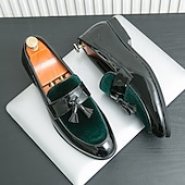 cheap Semi-Formal-Men&#039;s Black Patent Faux Leather Tassel Loafers – Velvet Accent Slip-On Dress Shoes for Wedding and Formal Wear