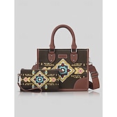 cheap Handbag &amp; Totes-Women&#039;s Canvas and Faux Leather Handbag Set with Ethnic Embroidery, Bohemian Style Tote Bag and Matching Clutch, Perfect for Travel and Everyday Use Black White Brown