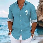 cheap Tropical Plants-Men&#039;s Palm Tree Summer Hawaiian Shirt Aloha Shirt Long Sleeve Hawaiian Resort Vacation Causal Casual Summer Spring Turndown Button Up Navy Blue Blue Sky Blue Green Beige