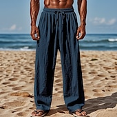 baratos Feriado-Homens Calças de linho Calças Calça verão Calças de praia Com Cordão Cintura elástica Perna reta Tecido Conforto Respirável Comprimento total Casual Diário Feriado Férias Moda Preto Branco