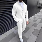 billiga Basic skjortor för män-Herr 2 delar Skjorta set Matchande set Casual skjorta Knapp upp skjorta Svart Vit Blå Grön Khaki grön Långärmad Slät Bandkrage Semester Dagligen Kläder Mode Ledigt
