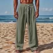 baratos Feriado-Homens Calças de linho Calças Calça verão Calças de praia Com Cordão Cintura elástica Perna reta Tecido Conforto Respirável Comprimento total Casual Diário Feriado Férias Moda Preto Branco