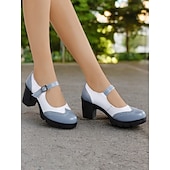 olcso Block Heels-női kék-fehér mary jane vaskos sarkú cipő brogue részletekkel, vintage stílusú kényelmes pumpák irodába, bulikba és mindennapi viseletre