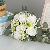 abordables Plantas y Flores Artificiales-Ramos de novia para boda, ramo de novia de flores artificiales de seda de eucalipto y rosa con aliento de bebé, flores artificiales estilo bosque para accesorios de fotografía de boda al aire libre
