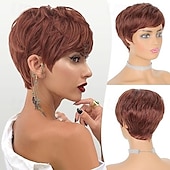 baratos Perucas Sintéticas sem Touca-pixie cut perucas sintéticas curtas pixie corte de cabelo peruca com franja peruca em camadas sem cola perucas onduladas para mulheres