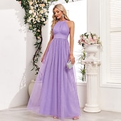 levne Šaty pro svatební hosty-A-line šaty pro svatební hosty elegantní šaty svatební hosti na večírky maximální délky bez rukávů halterneck podzimní svatební host tulle s mašlí