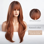 abordables Perruques Synthétiques Sans Bonnet-perruque longue ondulée rousse avec frange perruques auburn brun rouge pour femmes fibre synthétique résistante à la chaleur pour une utilisation quotidienne en soirée