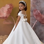 preiswerte Kleider für die Blumenmädchen-Blumenmädchenkleid Mädchen Kleid für die Erstkommunion Party Kleid Leistung Hochzeit Party Prinzessin Süß Gitter Feste Farbe Ärmellos Schulterfrei Elfenbein Kinder