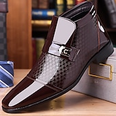 cheap Dress Boots-Men&#039;s Patent Leather Ankle Boots – Sleek Formal Design with Buckle Detail for Weddings, Parties, and Business Wear