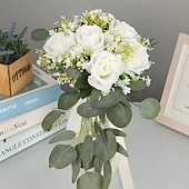 abordables Plantas y Flores Artificiales-Ramos de novia para boda, ramo de novia de flores artificiales de seda de eucalipto y rosa con aliento de bebé, flores artificiales estilo bosque para accesorios de fotografía de boda al aire libre