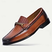 cheap Premium Leather Loafers-Stylish Brown Leather Loafers with Woven Detail and Metal Bit for Men | Perfect for Casual and Business Casual