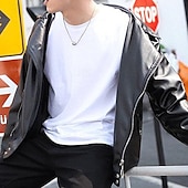 cheap Faux Leather Jackets-Men's Faux Leather Jacket Transition Jacket Biker Jacket Motorcycle Jacket Vacation Daily Windproof Warm Pocket Fall &amp; Winter Plain Fashion Classic Lapel Regular Black Jacket