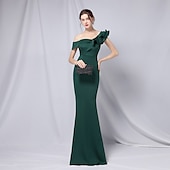 abordables VERT-Robe de soirée sirène  trompette robe élégante formelle mariage longueur de sol manches 3/4 une épaule crêpe extensible avec volants 2025