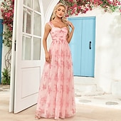 olcso Esküvői vendégruhák-A-vonalú esküvői vendégruha elegáns ruha partira születésnapra földig érő ujjatlan spaghetti pántos rózsaszín ruhával chiffon hát nélküli virágmintával