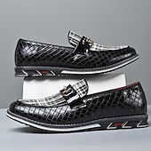 levne Pánské nazouváky a mokasíny-pánské černé lakované mokasíny s prošívaným vzorem a kostkovanými detaily – stylové slip-on společenské boty pro formální události, podnikání a večírky