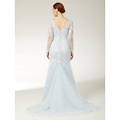 preiswerte Bodenlänge-Meerjungfrau/Trompete Strandhochzeit Mutter der Braut Kleid elegant V-Ausschnitt Sweep/Pinselschleppe Spitze Tüll lange Ärmel mit Applikationen 2025