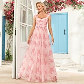 olcso Esküvői vendégruhák-A-vonalú esküvői vendégruha elegáns ruha partira születésnapra földig érő ujjatlan spaghetti pántos rózsaszín ruhával chiffon hát nélküli virágmintával