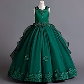 billige Blomsterkjoler-Blomsterpikekjole Barn Jente Prinsesse kjole Ytelse Bryllup Fest Elegant Vakker Netting Helfarge Ermeløs Crew-hals Vinrød Hvit 4 år +
