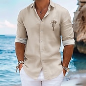 cheap Tropical Plants-Men&#039;s Palm Tree Summer Hawaiian Shirt Aloha Shirt Long Sleeve Hawaiian Resort Vacation Causal Casual Summer Spring Turndown Button Up Navy Blue Blue Sky Blue Green Beige