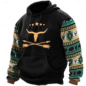 cheap Men&#039;s 3D Hoodies-Men&#039;s Aztec Cowboy Hoodies Sweatshirt Outerwear Hooded Sweatshirt Crew Neck Ethnic 3D Print Holiday Streetwear Black Blue Drawstring Fall Winter Designer