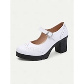 olcso Block Heels-női kék-fehér mary jane vaskos sarkú cipő brogue részletekkel, vintage stílusú kényelmes pumpák irodába, bulikba és mindennapi viseletre