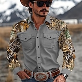 economico camicie western da uomo-Per uomo Color Block Camouflage Camicia occidentale Camicia da cowboy Manica lunga Occidentale Informale Casual Primavera Autunno Collo ripiegabile 2 tasche Marrone Verde Beige Grigio