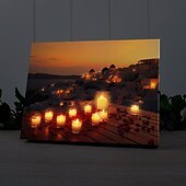 abordables Décoration murale LED-bougies lumineuses santorin art mural en toile à LED décoration murale éclairée par LED impression sur toile éclairée à piles 2AA cuisine lumineuse à LED chambre ou décoration intérieure