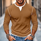 preiswerte Baumwoll-Leinen T-Shirts-Herren Hemd V-Ausschnitt T-Shirt Langarmshirt Langarm V Ausschnitt Frühling &amp; Herbst Einfarbig Patchwork Täglich Lässig Streetstyle Falscher Zweiteiler Outdoor Straße Lässig Dunkelgrau Hellgrün Kaffee