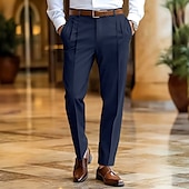 baratos Magro-Homens Social Calças Calça verão Calça casual Calças de Terno Bolso frontal Perna reta Tecido Conforto Comprimento total Casamento O negócio Clássico Preto Azul Marinha Micro-Elástica