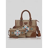 cheap Handbag &amp; Totes-Women&#039;s Canvas and Faux Leather Handbag Set with Ethnic Embroidery, Bohemian Style Tote Bag and Matching Clutch, Perfect for Travel and Everyday Use Black White Brown