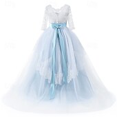 voordelige Bloemenjurken-Bloemenmeisjesjurk kinderen Voor meisjes Prinses jurk Prestatie Bruiloft Feest Elegant Mooi Kant Netstof Effen Kleur Halve mouw V-hals blauw 4 jaar +