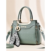 cheap Handbag &amp; Totes-Women&#039;s Green Quilted Handbag with Gold Handle, Leopard Print Scarf Accent, and Crossbody Strap for Casual and Office Use