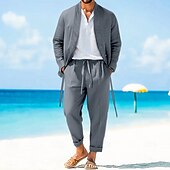 voordelige Basic overhemden voor heren-Voor heren 2-delig Overhemdset Bijpassende sets Normaal shirt Effen Dagelijks Uitgaan Zwart Licht Grijs Leger Groen Donkergrijs Lange mouw Zonder Kraag Lente zomer Kleding Elastische tailleband