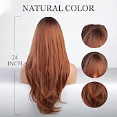 abordables Perruques Synthétiques Sans Bonnet-perruque longue ondulée rousse avec frange perruques auburn brun rouge pour femmes fibre synthétique résistante à la chaleur pour une utilisation quotidienne en soirée