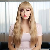 baratos Perucas Sintéticas sem Touca-peruca com franja para meninas perucas longas e lisas coloridas para mulheres peruca longa com franja