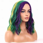 cheap Carnival Wigs-Mardi Gras Wigs Halloween Wigs Women Girls Carnival Costume Cosplay Purple Green Yellow Side Wig Shoulder Width Length Carnival Cosplay Party Wig