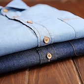 preiswerte Freizeithemden für Herren-Herren Hemd Chambray-Hemd Calico-Hemd Lässiges Hemd Knopfhemd Denim Blue Schwarz Dunkel Blau Dunkelblau Langarm Glatt Kragen Urlaub Täglich Bekleidung Modisch Brautkleider schlicht