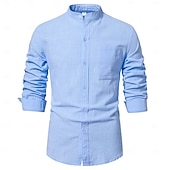 economico Classico-Per uomo Camicia camicia di lino Camicia con colletto a fascia Camicia estiva Camicia da spiaggia Liscio Da mare Informale Bianco Blu marino scuro Blu Marrone Manica lunga A fascia Primavera estate
