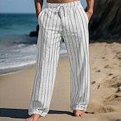 baratos Feriado-Homens Calças de linho Calças Calça verão Calças de praia Com Cordão Cintura elástica Perna reta Listra Conforto Respirável Comprimento total Casual Diário Feriado Férias Moda Branco Azul Céu