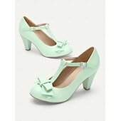 voordelige Jaren 50-dames mintgroene t-band mary jane hakken met strikdetail - vintage stijl pumps voor feesten en formele gelegenheden