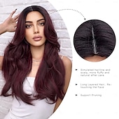 economico Parrucche trendy sintetiche-parrucche lunghe ondulate per donne riga in mezzo radici scure estremità dei capelli parrucca ondulata frontale naturale stratificata capelli sintetici ricci per halloween natale festa cosplay