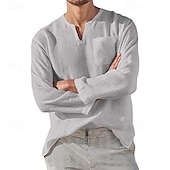 billiga Business Casual-Herr Skjorta linneskjorta Casual skjorta Slät Semester Hawaiisk Svart Vit Grön Aprikos Långärmad V-hals Vår &amp; Höst Kläder Ficka