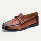 cheap Premium Leather Loafers-Stylish Brown Leather Loafers with Woven Detail and Metal Bit for Men | Perfect for Casual and Business Casual
