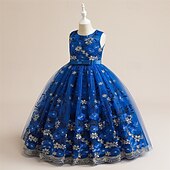 levne Párty šaty-Děti Dívčí Šaty na párty Květinový Bez rukávů Výkon Narozeniny Síťka Kravatový uzel Krásná Sladký Polyester Maxi Šaty na párty Swingové šaty Áčkové šaty Léto 4 roky + Šampaňská Vodní modrá Trávov