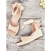 cheap Vacation Sandals-Women&#039;s Beige Espadrille Wedge Sandals with Ankle Wrap, Open-Toe Summer Shoes for Beach, Casual, and Vacation Wear