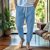 baratos Lar-Homens Calças de linho Calças Calça verão Cintura elástica Perna reta Ascensão alta Côr Sólida Conforto Respirável Comprimento total Casa Simples Casual Preto Branco Sem Elasticidade