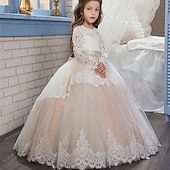 preiswerte Kleider für die Blumenmädchen-Blumenmädchenkleid Kinder Mädchen Prinzessinenkleid Leistung Hochzeit Party Elegant Schön Gitter Feste Farbe Langarm Rundhalsausschnitt Hellgelb Hellrosa 4 Jahre +