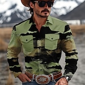 billige vestlige skjorter for menn-Herre Fargeblokk Marmor Western skjorte Cowboyskjorte Langermet Vestlig Fritid Avslappet Vår Høst Aftæpning 2 lommer Gul Blå Grønn
