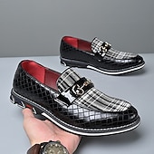 levne Pánské nazouváky a mokasíny-pánské černé lakované mokasíny s prošívaným vzorem a kostkovanými detaily – stylové slip-on společenské boty pro formální události, podnikání a večírky