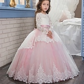 preiswerte Kleider für die Blumenmädchen-Blumenmädchenkleid Kinder Mädchen Prinzessinenkleid Leistung Hochzeit Party Elegant Schön Gitter Feste Farbe Langarm Rundhalsausschnitt Hellgelb Hellrosa 4 Jahre +